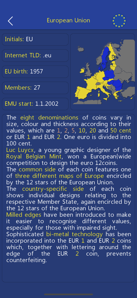 Una pantalla de la aplicación Euro Coin Collection mostrando información sobre la Unión Europea con un mapa y detalles históricos sobre los diseños de monedas de euro