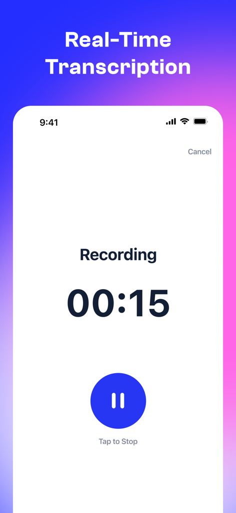Whisper : Speech to Text - Interfaz de la aplicación Whisper que muestra la grabación de audio en tiempo real y el progreso de la transcripción