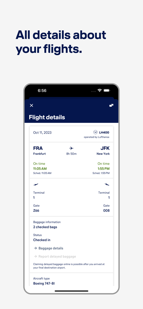 Lufthansa app flight details screen showing real-time departure times, gate numbers, and baggage status for an international flight.