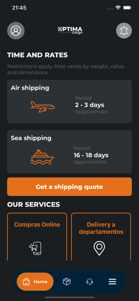 Optima Cargo app interface displaying estimated delivery times for air and sea shipping between the US and Nicaragua