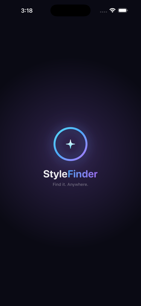 StyleFinder app splash screen with star logo and tagline Find it Anywhere