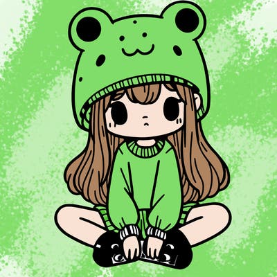 a girl wearing a frog hat and some frog socks
