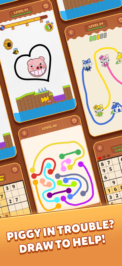 Calm & Chill Games: No Wifi - Una variedad de puzles lógicos temáticos de madera, incluyendo niveles de dibujar para guardar y Sudoku.