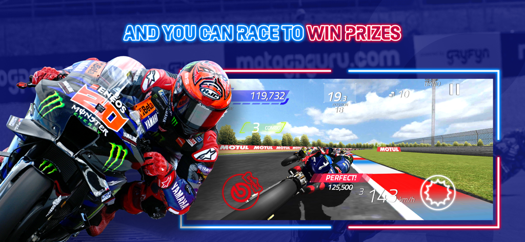 Gameplay of MotoGP Racing 23 featuring an official Yamaha motorcycle and win prizes text