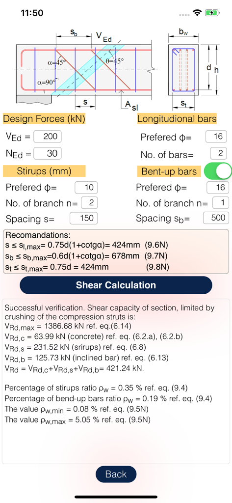 Interfaz de la aplicación móvil RCSection para el cálculo de la resistencia al cortante del hormigón armado según Eurocódigo 2.