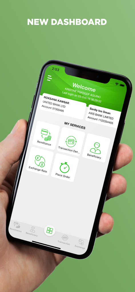 Modern Exchange - Oman - Modern Exchange Oman mobile app dashboard featuring remittance and exchange rate services