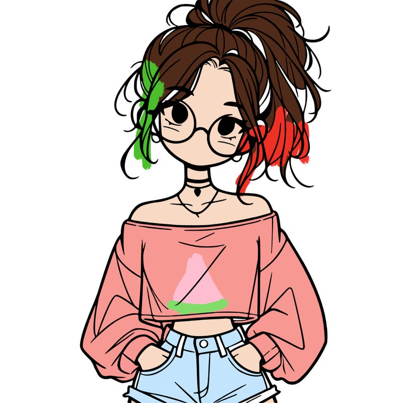girl with a messy ponytail glasses a baggy crop top and jean shorts