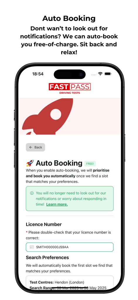 Fast Pass Driving Tests - A smartphone screen showing the auto-booking feature for driving test cancellations in the Fast Pass app.