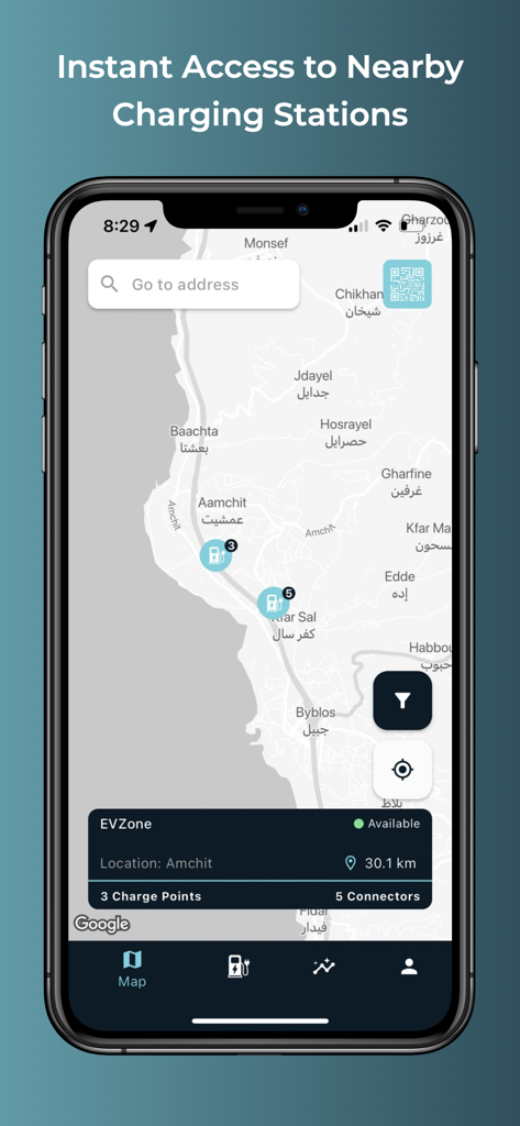 EVzone - Charge Everywhere - Mobile app interface showing a map with available electric vehicle charging stations nearby