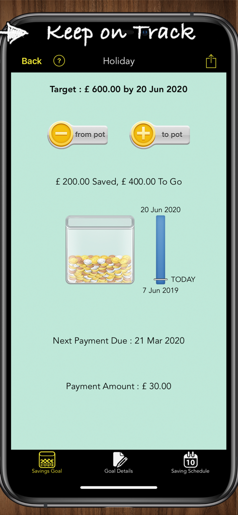 Savings Goals Pro - Savings Goals Pro app interface for a holiday savings goal showing progress with a coin jar