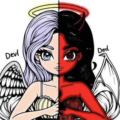 detailed realistic girl  angel versus devil split