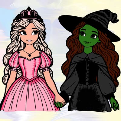 a princess and a witch holding hands realistic