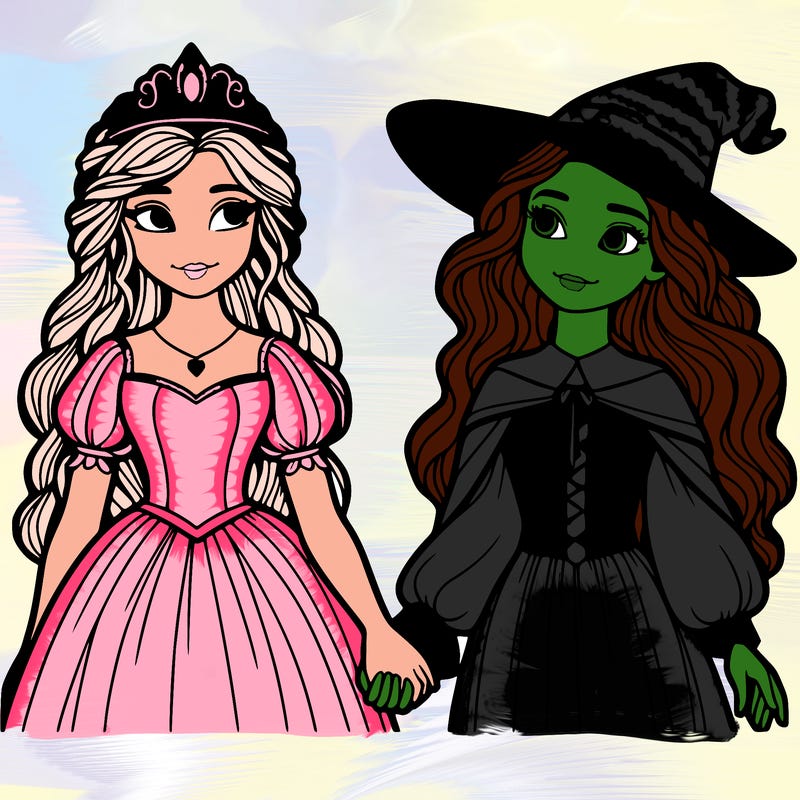 a princess and a witch holding hands realistic