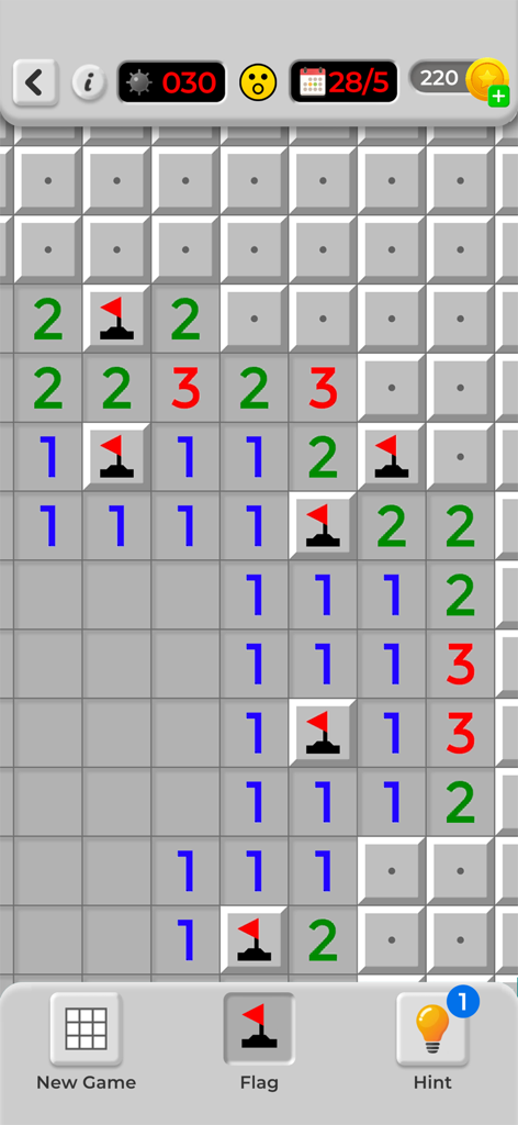 Classic Minesweeper game grid with numbers and flags