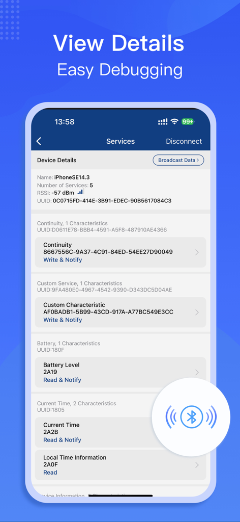 BluetoothAssistant - BluetoothAssistant 앱에서 블루투스 서비스 및 특성의 상세 보기.