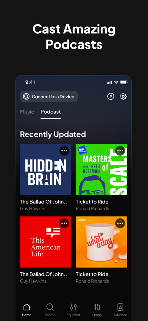 Speaker & Headphones Connect - Interfaz de la aplicación Speaker and Headphones Connect mostrando una biblioteca de podcasts actualizados recientemente.