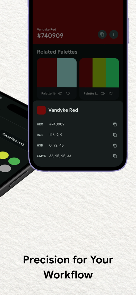 Una vista detallada de color en la aplicación Diccionario de Colores de Wada que muestra valores HEX RGB HSB y CMYK para Vandyke Red.