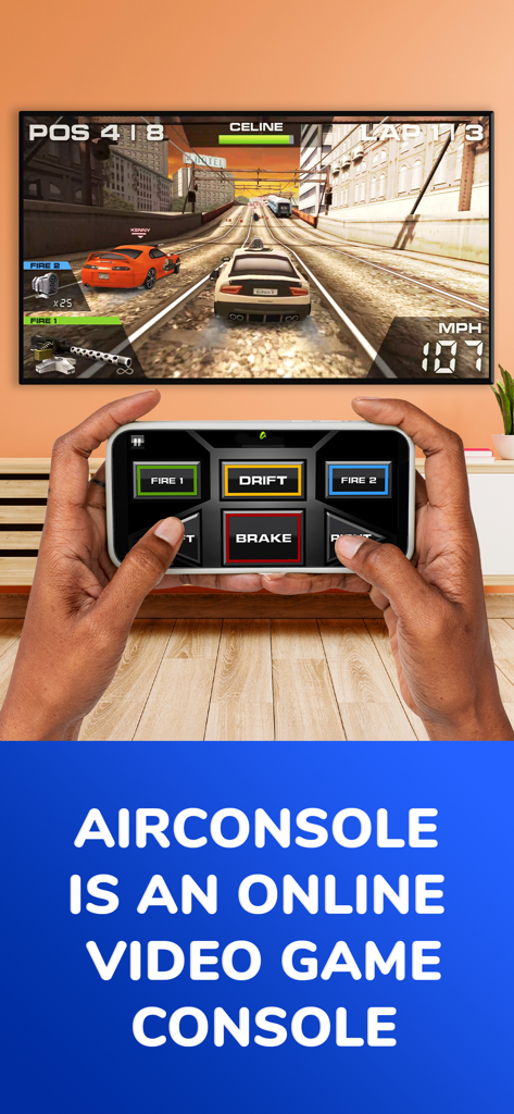 A person using a smartphone as a controller to play a racing game on a TV through AirConsole.