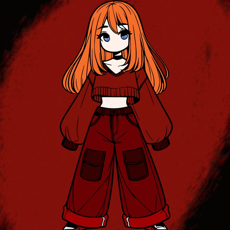 cute girl with straight hair in baggy jeans and a crop top and a sweater