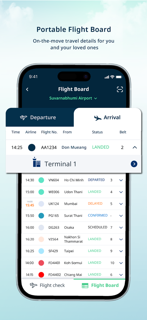 Mobile app screen showing real-time flight arrival and departure information for Suvarnabhumi Airport
