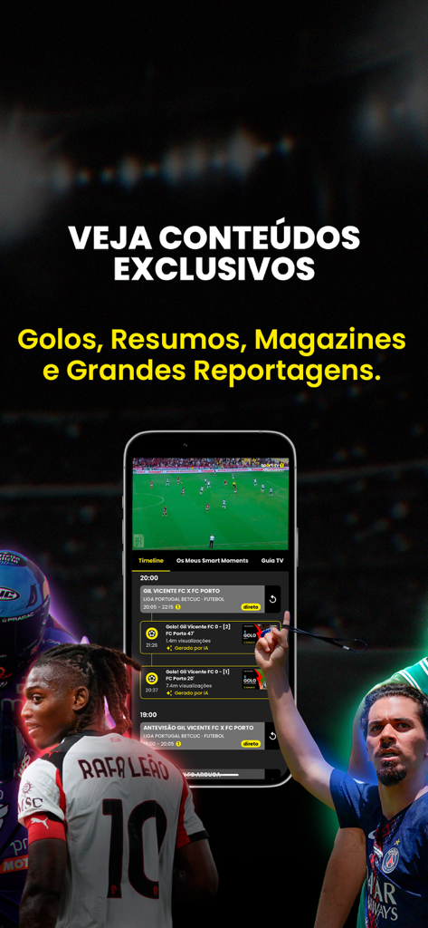 Exclusive sports content on the sport tv app showing soccer highlights and match goals.
