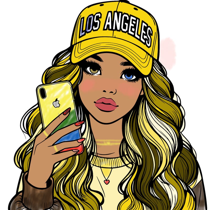 realistic beautiful girl wearing los ángeles cap holding an iphone
