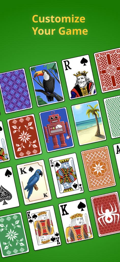 Spider Solitaire Classic. - Affichage de diverses conceptions personnalisables de dos et de face de cartes dans Spider Solitaire Classique