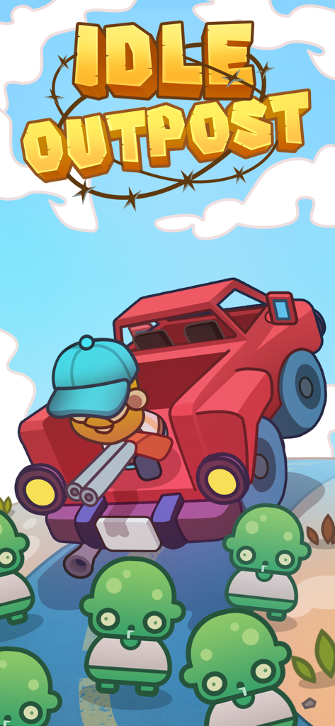 Idle Outpost Zombie Apocalypse - Idle Outpost 게임 제목 아래에서 녹색 좀비들과 싸우는 빨간 트럭의 생존자.