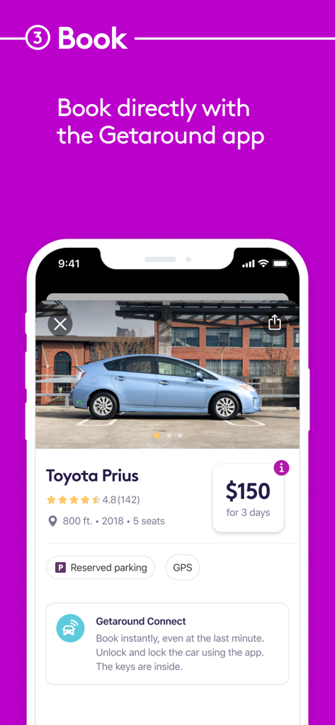 Getaround app interface on a smartphone showing a car rental listing for a Toyota Prius with price and features.