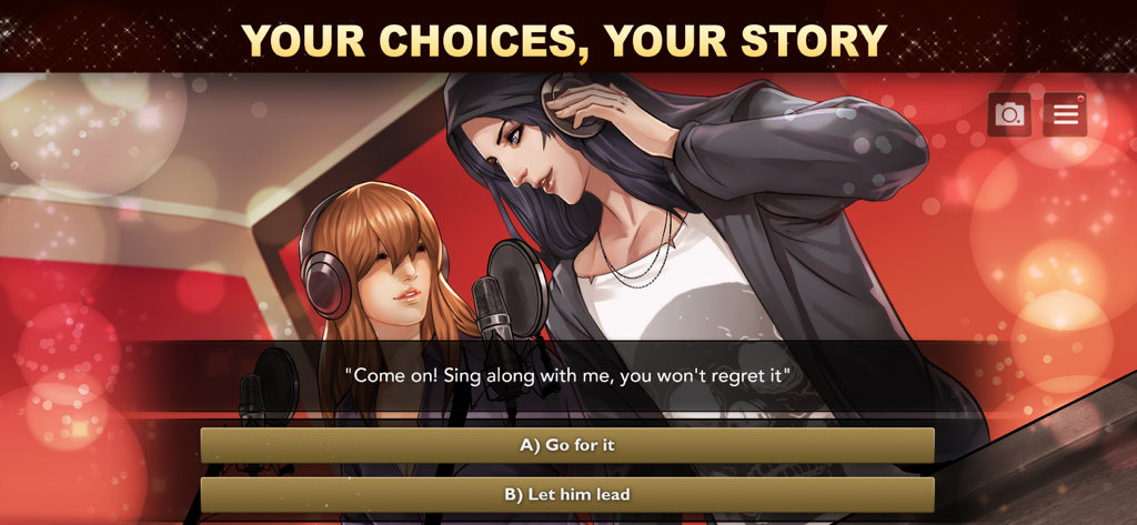 Gameplay screen of Is It Love Colin showing two characters in a recording studio with story choices