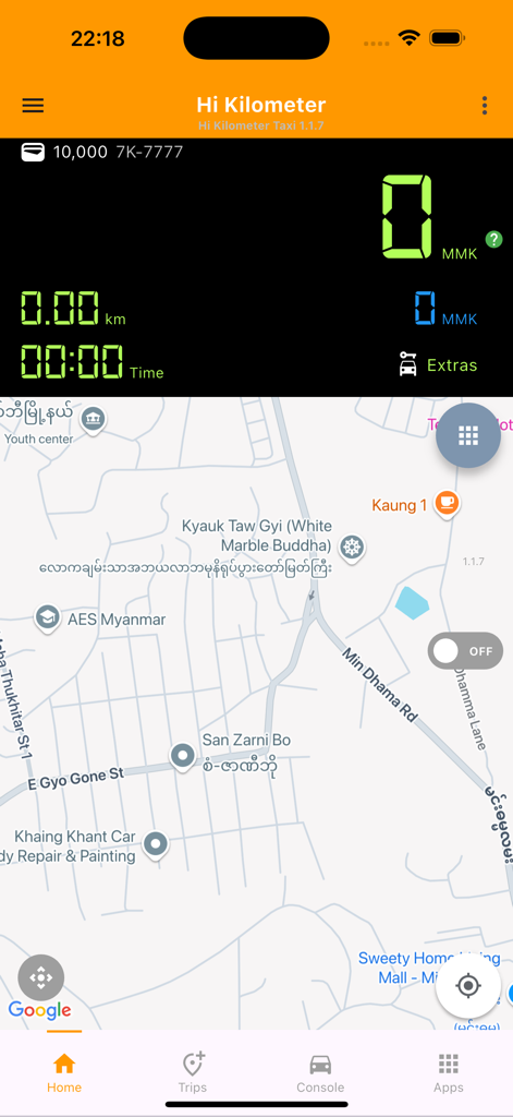 Hi Kilo Taxi - Interface do aplicativo Hi Kilo Taxi mostrando o medidor de tarifa digital e o rastreamento do mapa em tempo real