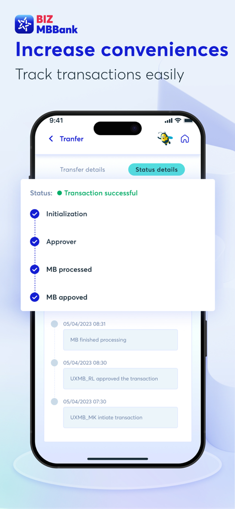 Pantalla de la aplicación BIZ MBBank que muestra el seguimiento del estado de las transacciones y los detalles del estado.