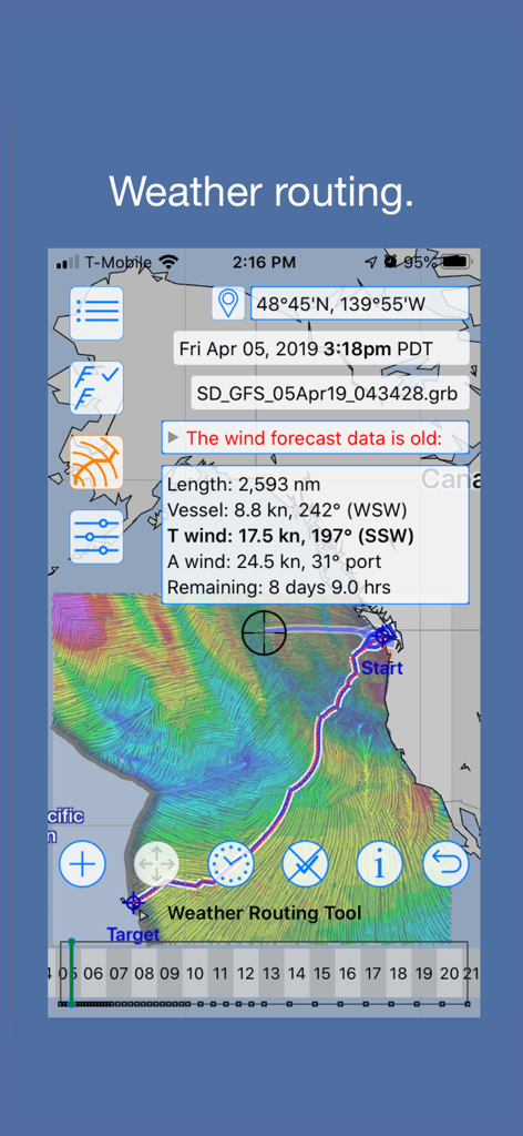 LuckGrib - Interface of LuckGrib showing offshore weather routing with detailed wind and vessel statistics