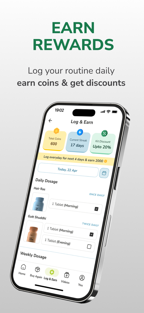 Traya app interface for earning rewards by logging daily hair care routine