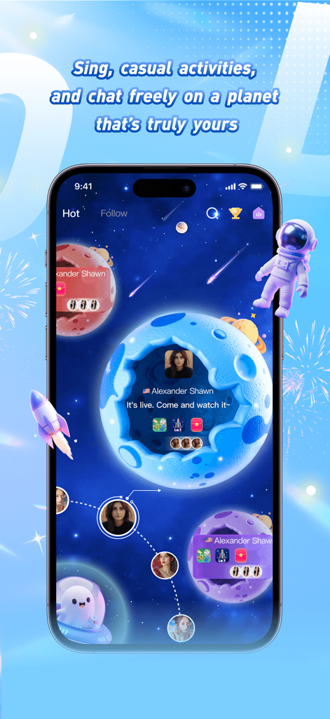 Aoda - Aoda App-Oberfläche, die weltraumthematische Sprachchaträume auf verschiedenen Planeten zeigt.