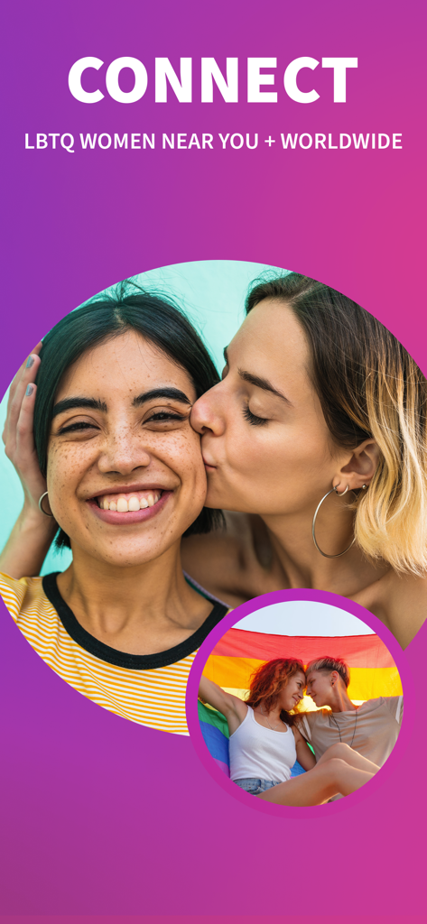 Wapa: Lesbian Dating & Chat - Promotional screen for Wapa dating app featuring two women and the text Connect LBTQ women near you plus worldwide.