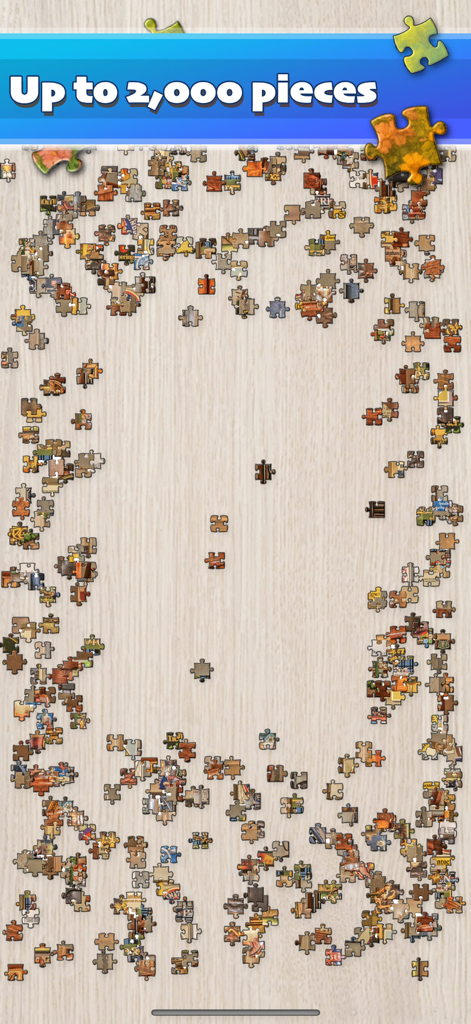 Gameplay del juego de rompecabezas mostrando muchas piezas de rompecabezas sobre un fondo de madera con texto indicando hasta 2000 piezas.