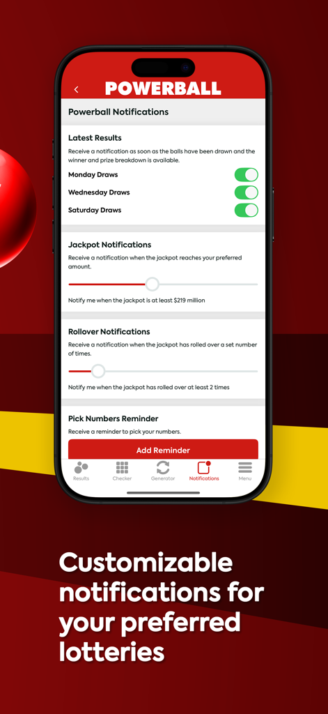 Écran de l'application Powerball montrant les paramètres de notification personnalisables pour les résultats des tirages et les alertes de jackpot.
