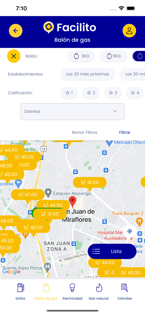 Facilito mobile app map interface displaying gas cylinder prices and location filters in Peru