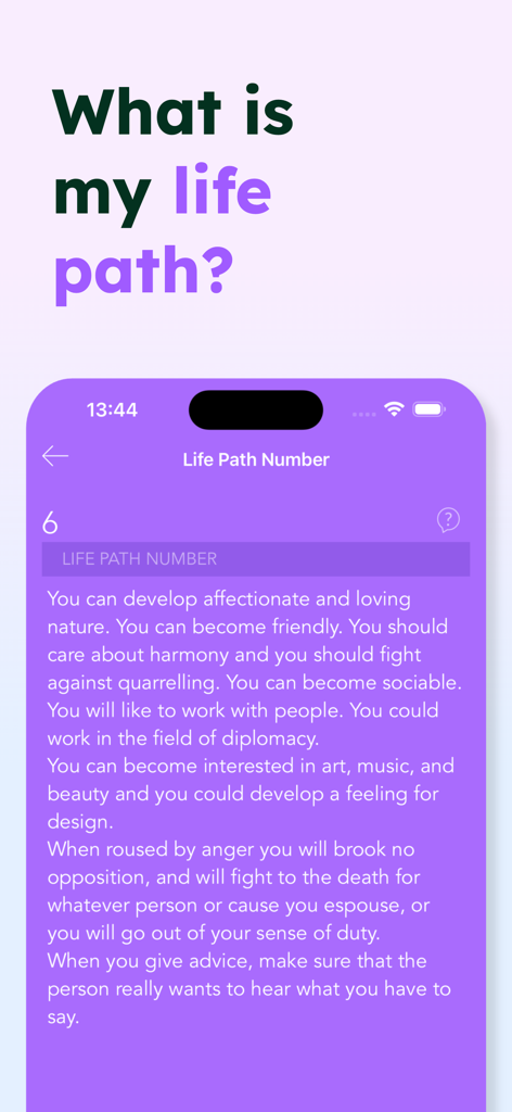 Pocket Numerology Pro - Detailed life path number 6 reading shown in the Pocket Numerology Pro app interface