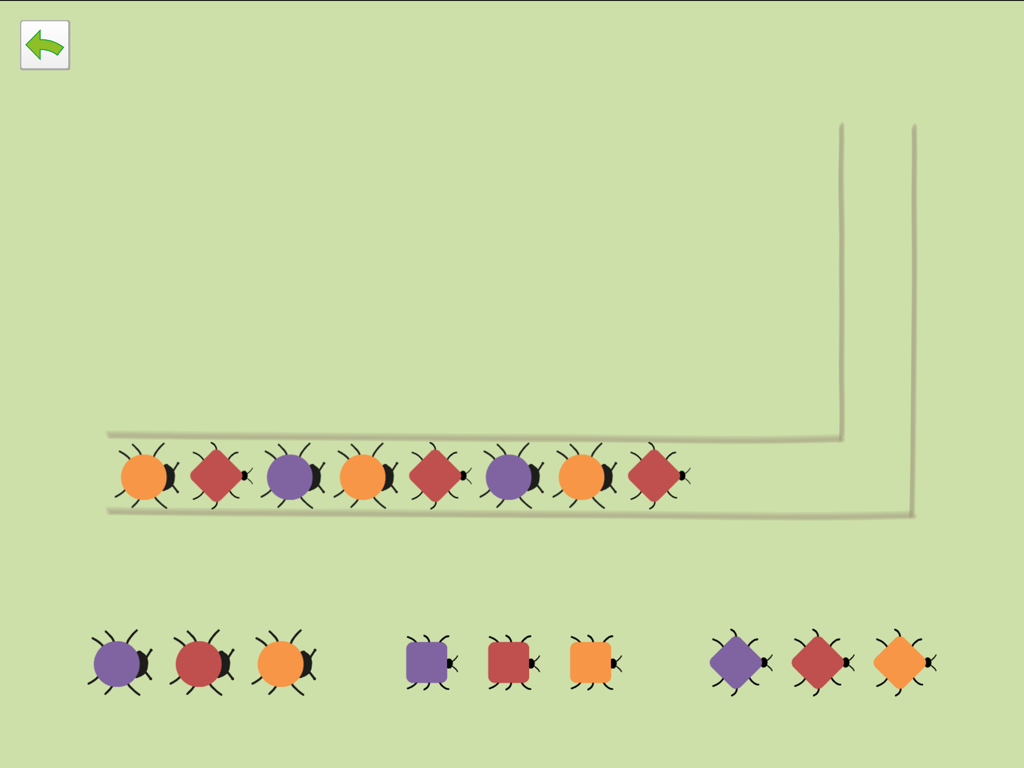 PreNumbers PRO - Logical sequence task featuring colored insect shapes in the PreNumbers PRO educational app