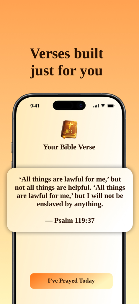 A smartphone display from the Bible Pause app showing a personalized scripture from Psalm 119-37 with a call to action button to confirm prayer.