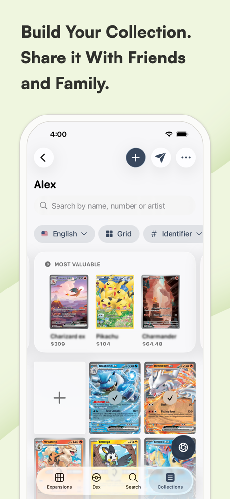Sfera: for TCG collectors - Sfera app interface showing a user collection of Pokemon cards with live market prices