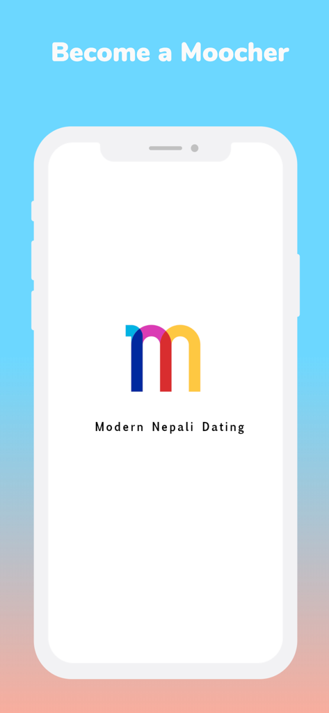 Mooche - Modern Nepali Dating - Splash screen of the Mooche mobile app featuring its colorful logo and the tagline Modern Nepali Dating