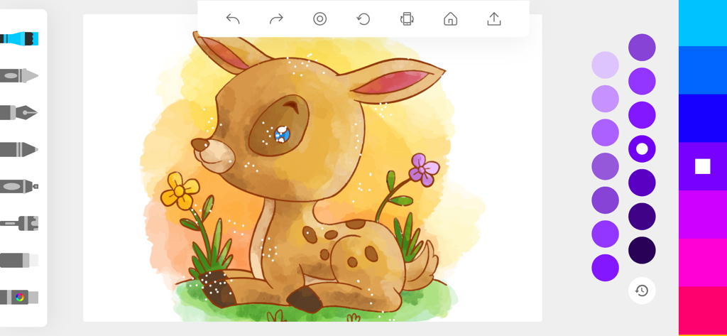 ArtDraw: Sketch & Paint Studio - ArtDraw app interface showing a digital watercolor painting of a cute fawn with color tools.