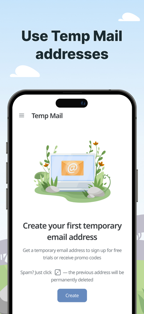 AdGuard Mail & Temp Mail - AdGuard Mail app interface for creating a temporary email address to protect privacy and avoid spam.