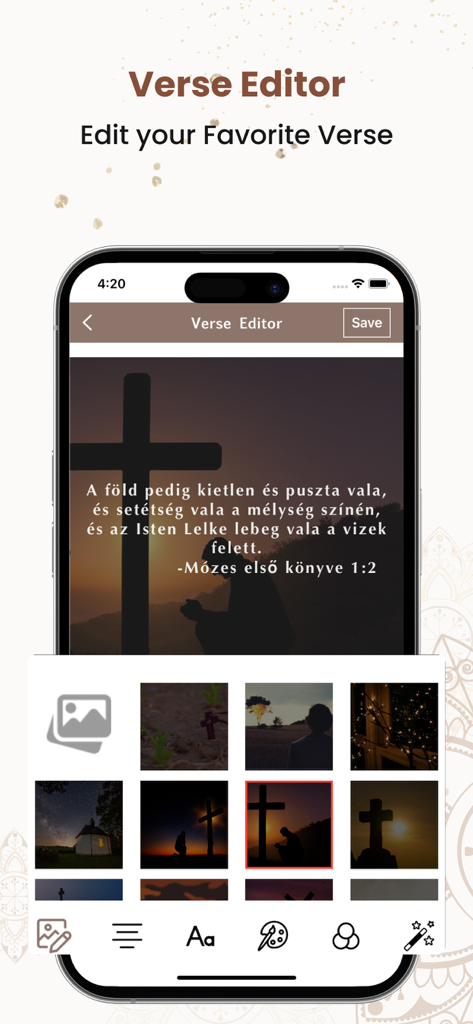 A mobile screen showing the Verse Editor feature in the Hungarian Bible app for creating customized religious images with background photos