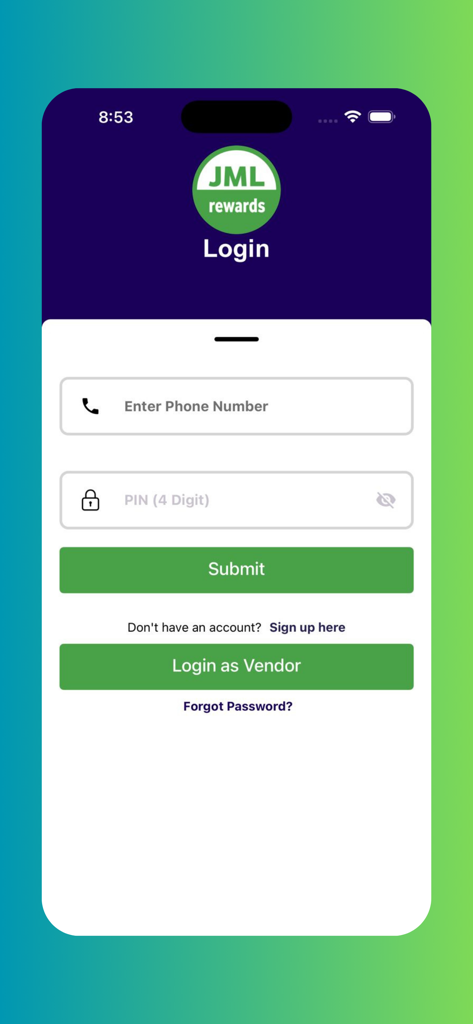 JML Rewards login screen with fields for phone number and four digit pin
