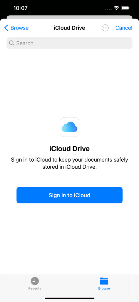 Texifier : LaTeX editor - Texifier app interface showing the iCloud Drive sign in screen for document syncing and storage.
