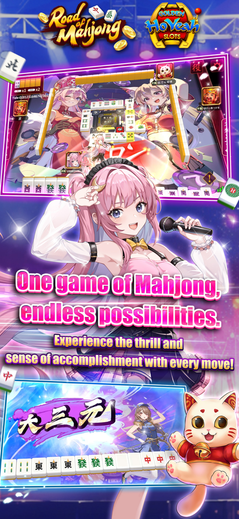 Pantalla de jugabilidad de GoldenHoYeah Slots que muestra la función Road of Mahjong con personajes de estilo anime y fichas de mahjong.